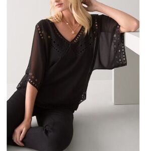 NWT White House Black Market Sheer Cutout V Neck Black Flowy Blouse Sz L